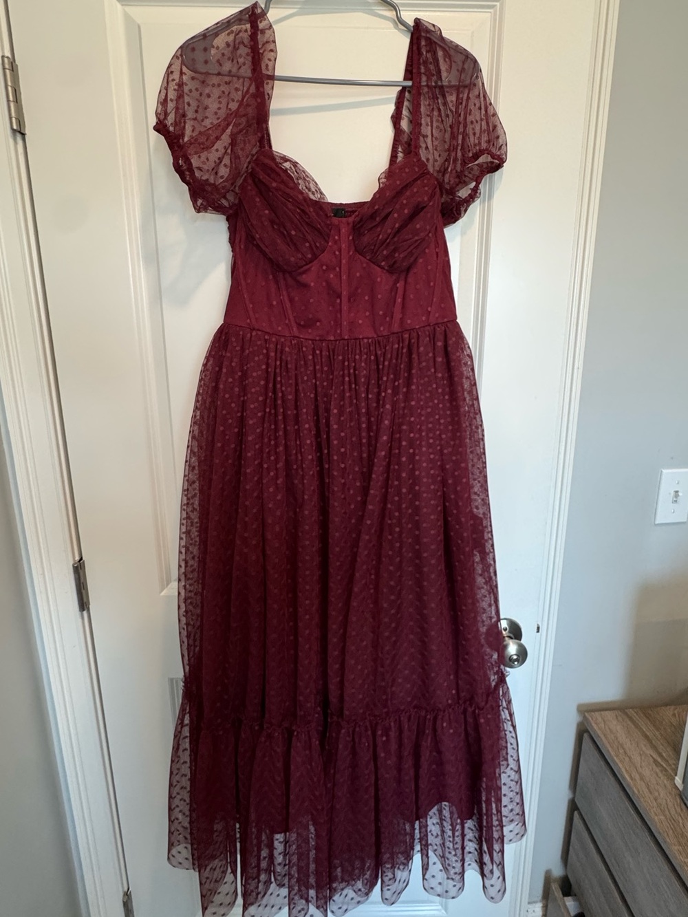 Lulu's Wine Mesh Dot Midi Dress